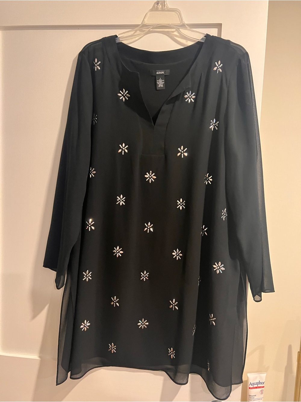 Alfani Black Tunic with Silver Floral Embellishments